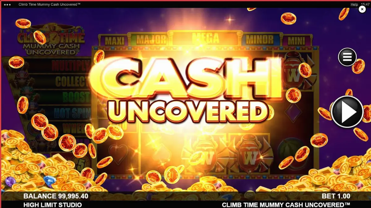 Tampilan visual slot Climb Time Mummy Cash Uncovered dengan latar belakang Mesir malam hari