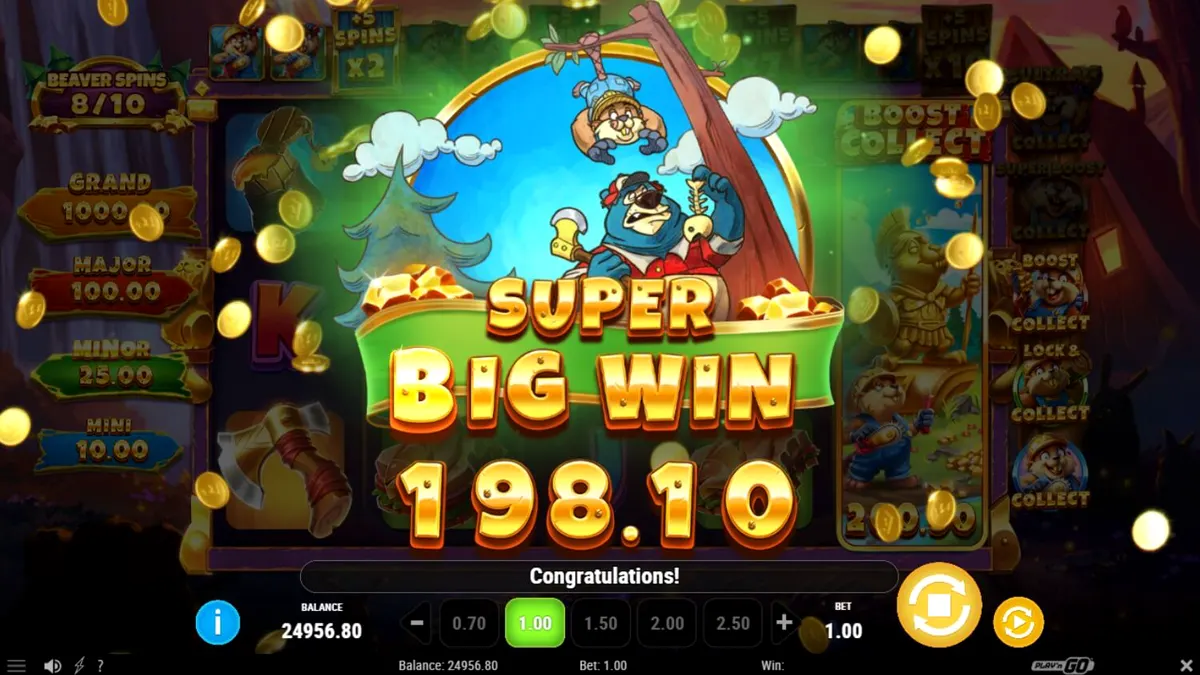 Tampilan visual slot Gnaw’n Gold dengan tema hutan dan berang-berang