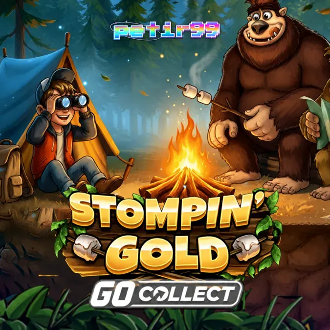 Pemandangan hutan misterius dengan elemen petualangan Bigfoot di slot Stompin Gold